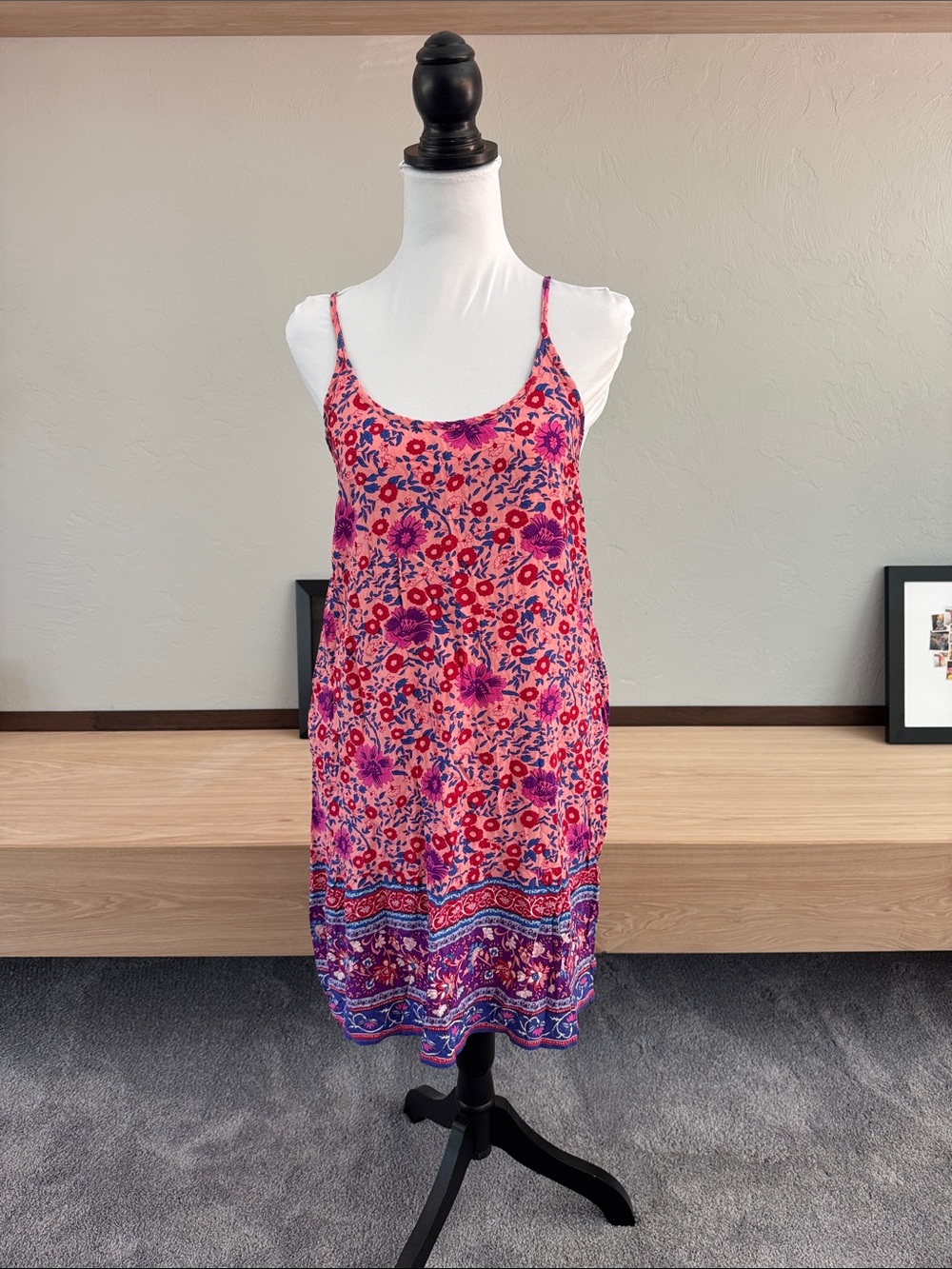 Floral Print Pink Mini Dress with Spaghetti Straps - EUC